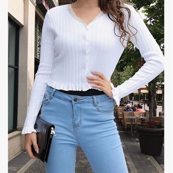 ⭐️nwt Kate Kasin Long Sleeve Button Down V Neck Lace Trim Knit Cardigan⭐️ - Picture 5 of 11